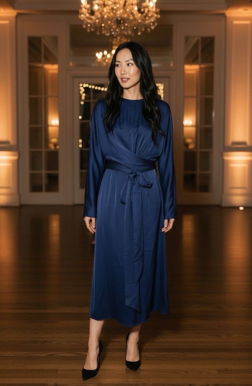 Alexa Admor NEW elegant long sleeve satin like wrap/tie dress sz 12 glam party